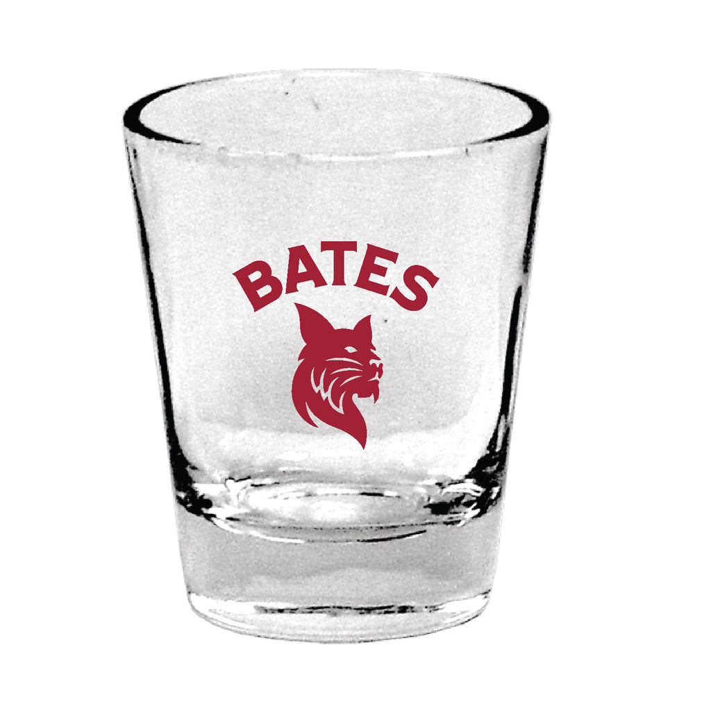 Shot Glass with BATES arched over Bobcat