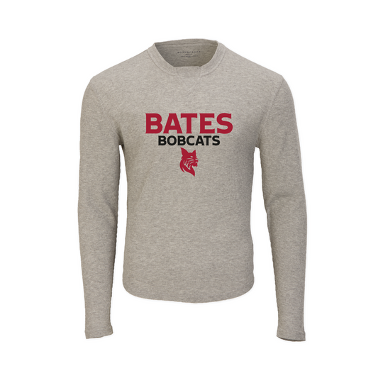 Gray long-sleeve shirt with 'Bates Bobcats' text and logo on a white background