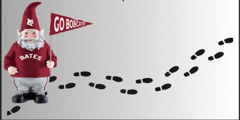 Gnome character holding a 'Go Bobcats' flag with footprints on a gray background