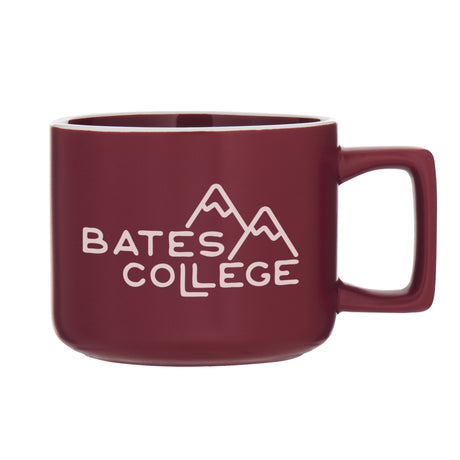 Maroon mug with 'Bates College' on a white background