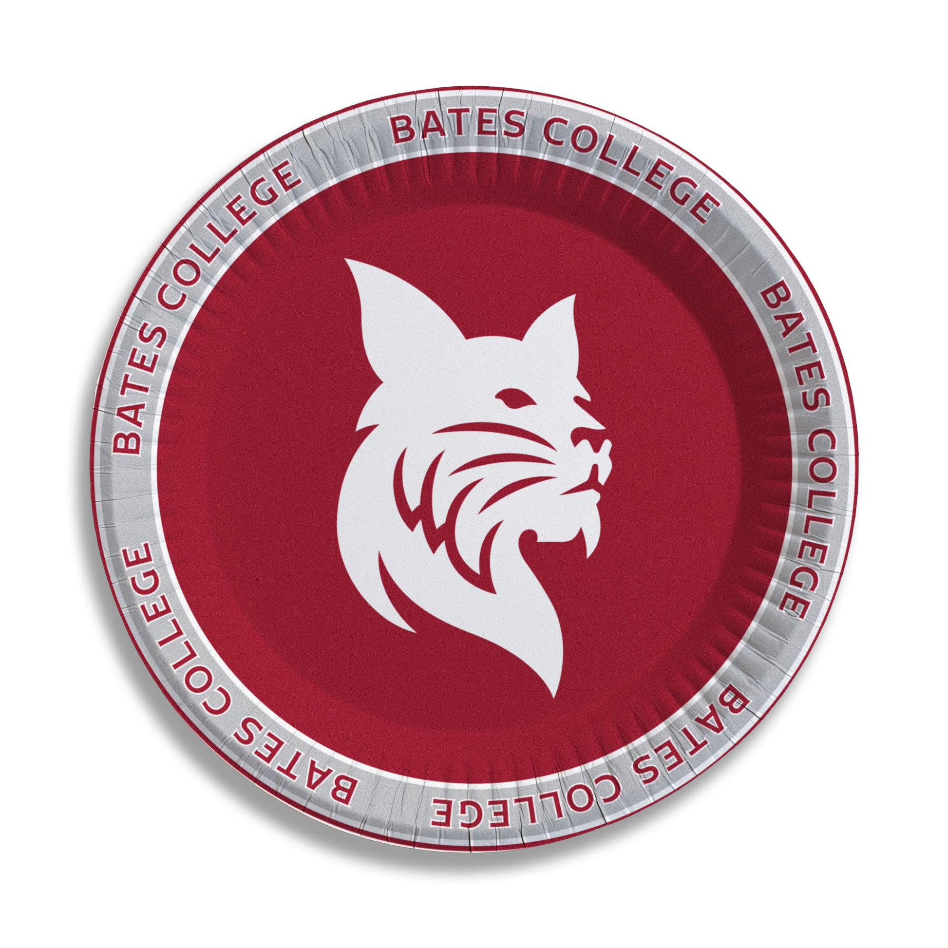 Bates College paper plate with a white bobcat logo on a red background