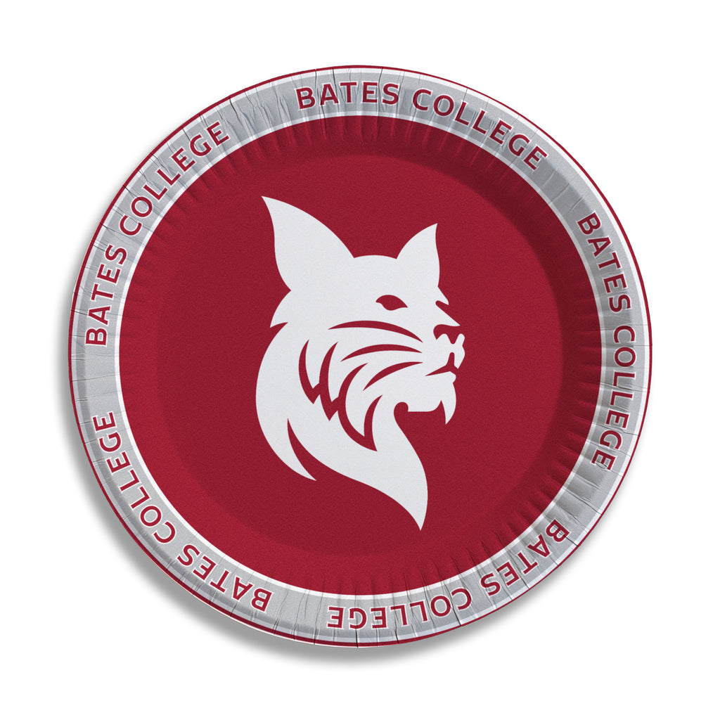 Bates College paper plate with a white bobcat logo on a red background
