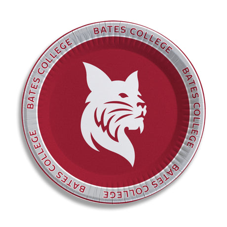 Bates College paper plate with a white bobcat logo on a red background