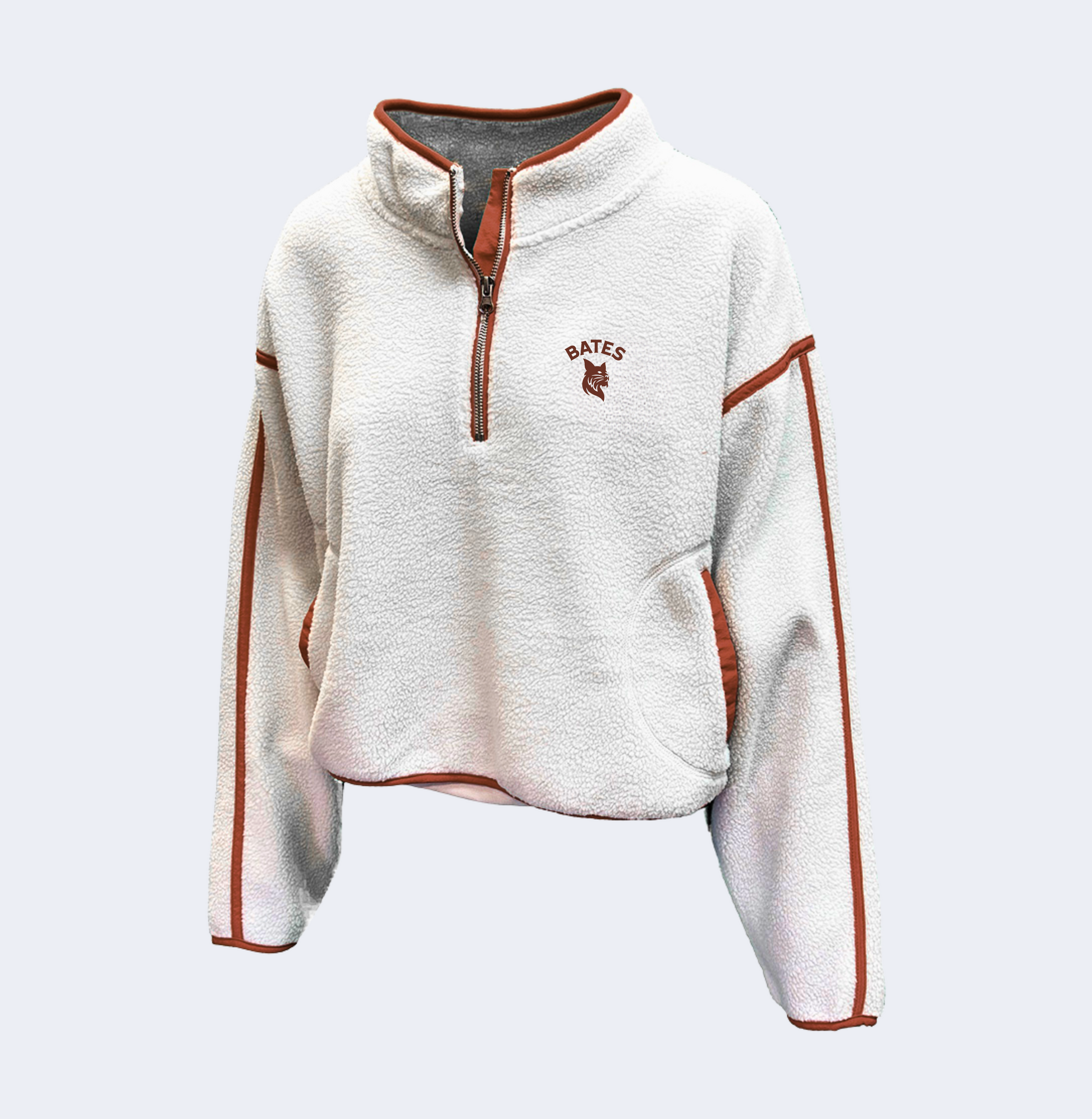White fleece pullover with maroon accents on a light gray background