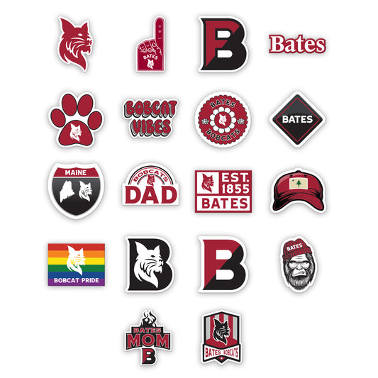 Collection of Bates College logo and symbol stickers on a white background