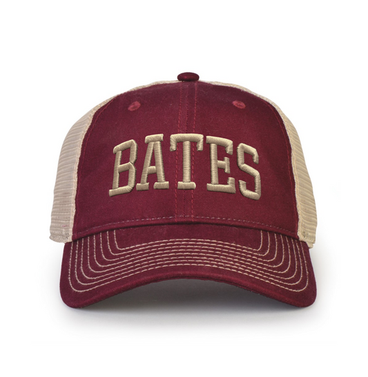 Maroon and beige cap with 'BATES' embroidery on a white background