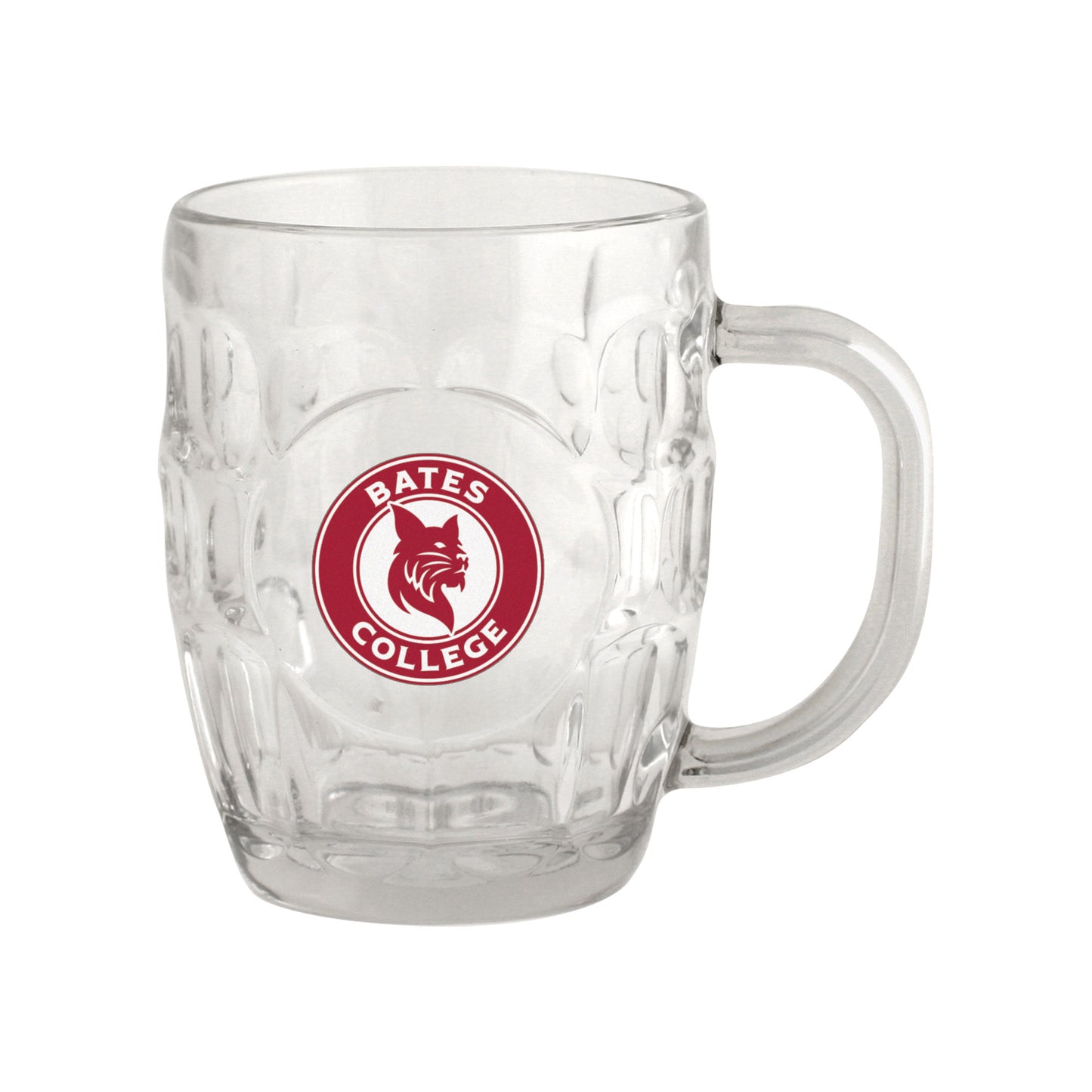 Clear glass mug with Bates College logo on a white background