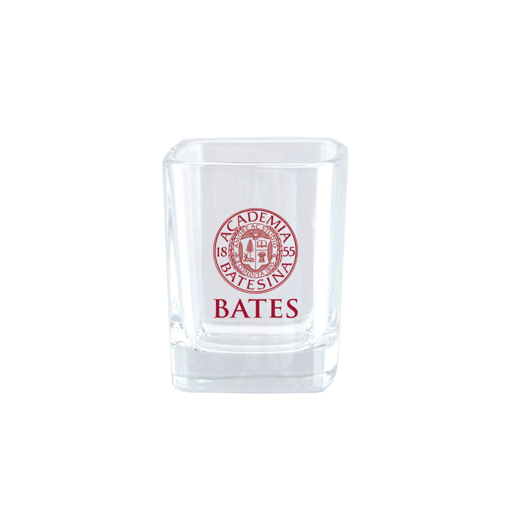 Clear glass with Bates logo on a white background