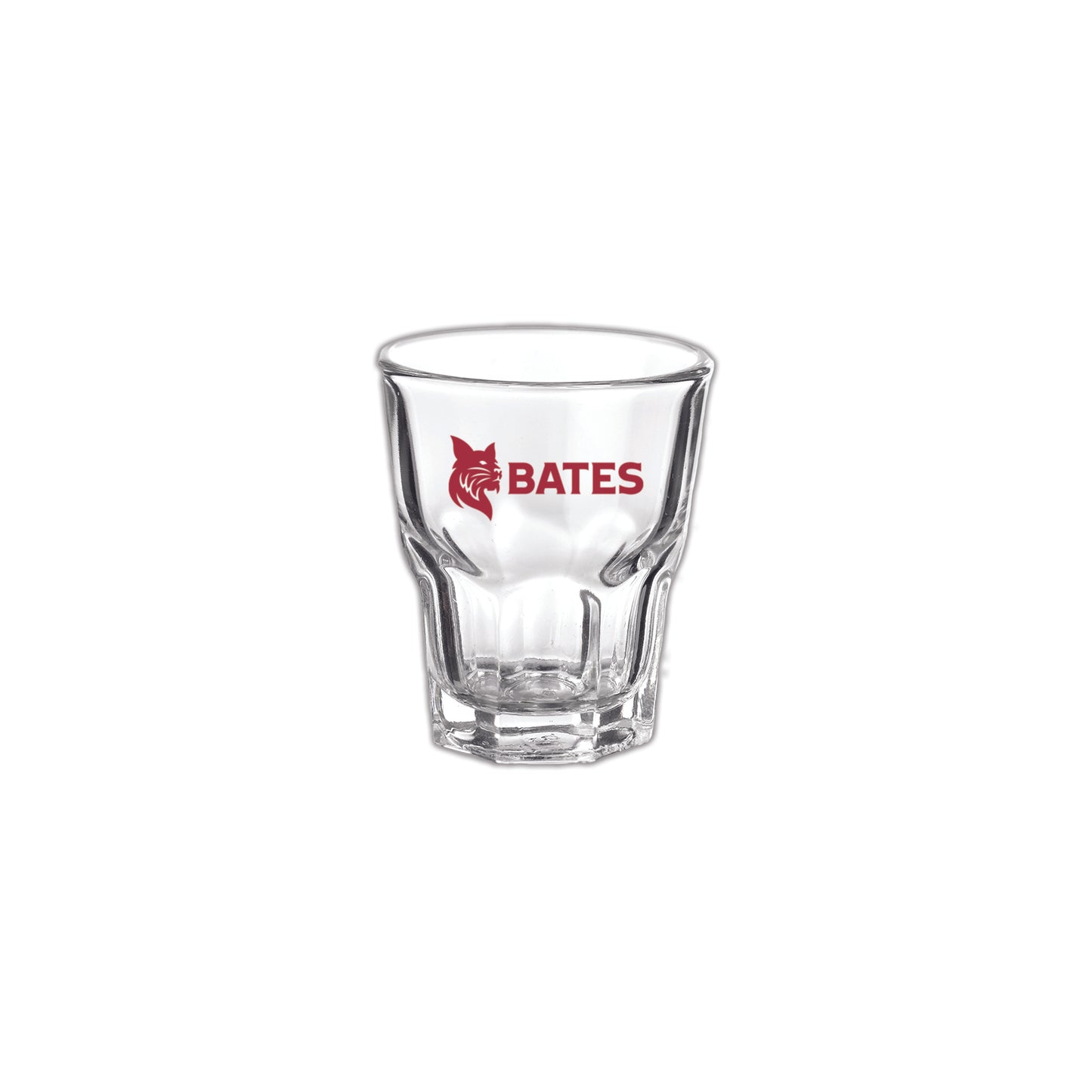 Clear glass shot glass with 'Bates' logo on a white background