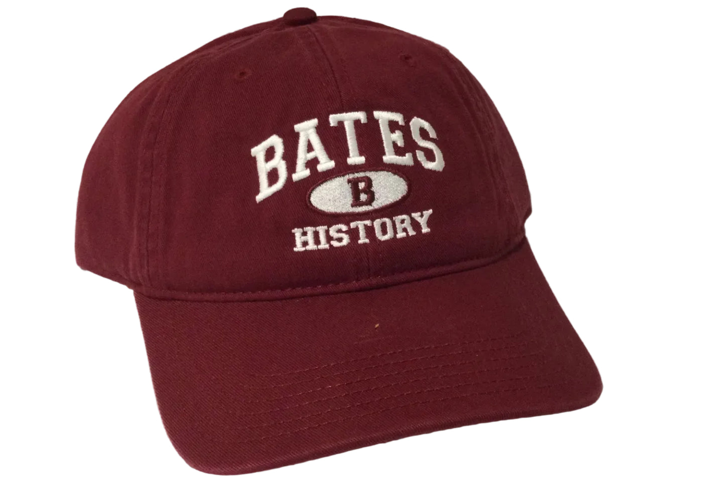 Maroon cap with 'Bates History' text on a white background
