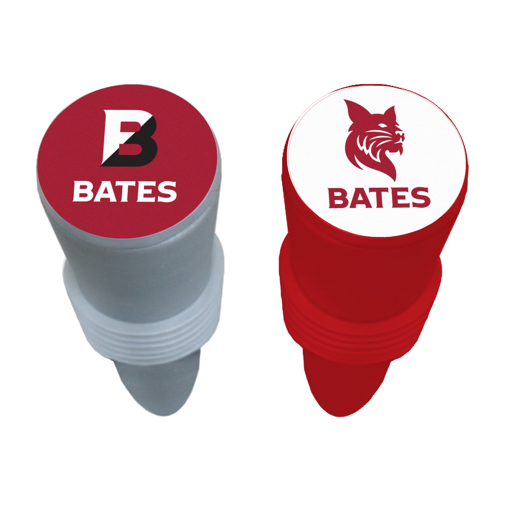 Two stacks of red and gray bottle stoppers with 'BATES' branding on a white background.