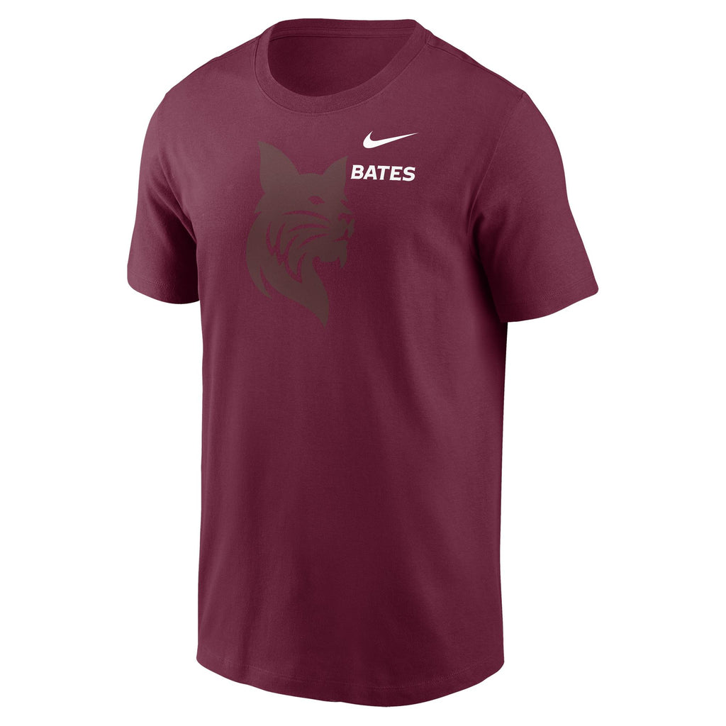 Maroon t-shirt with Nike logo, Bobcat, and 'Bates' text on a white background
