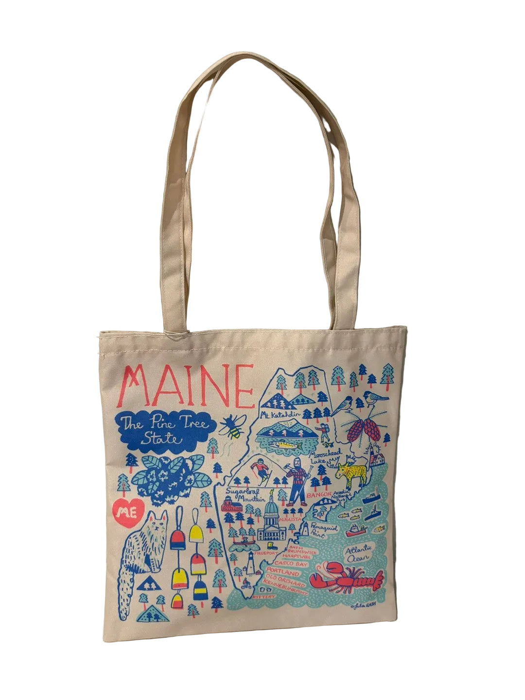 Tote bag with a colorful illustration of Maine on a plain background