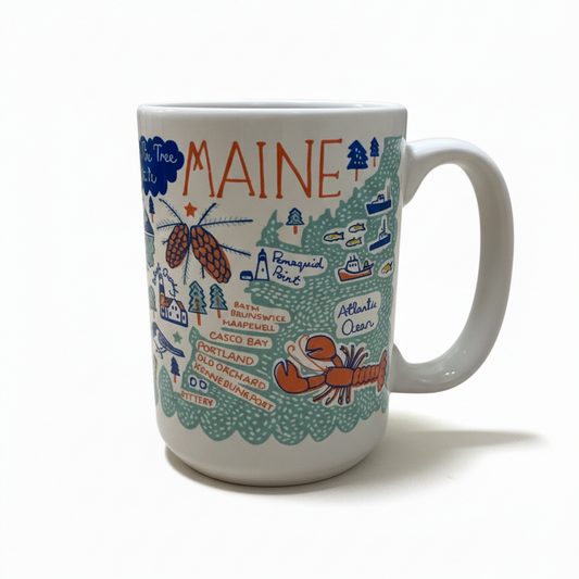 Mug with a colorful design of Maine on a white background