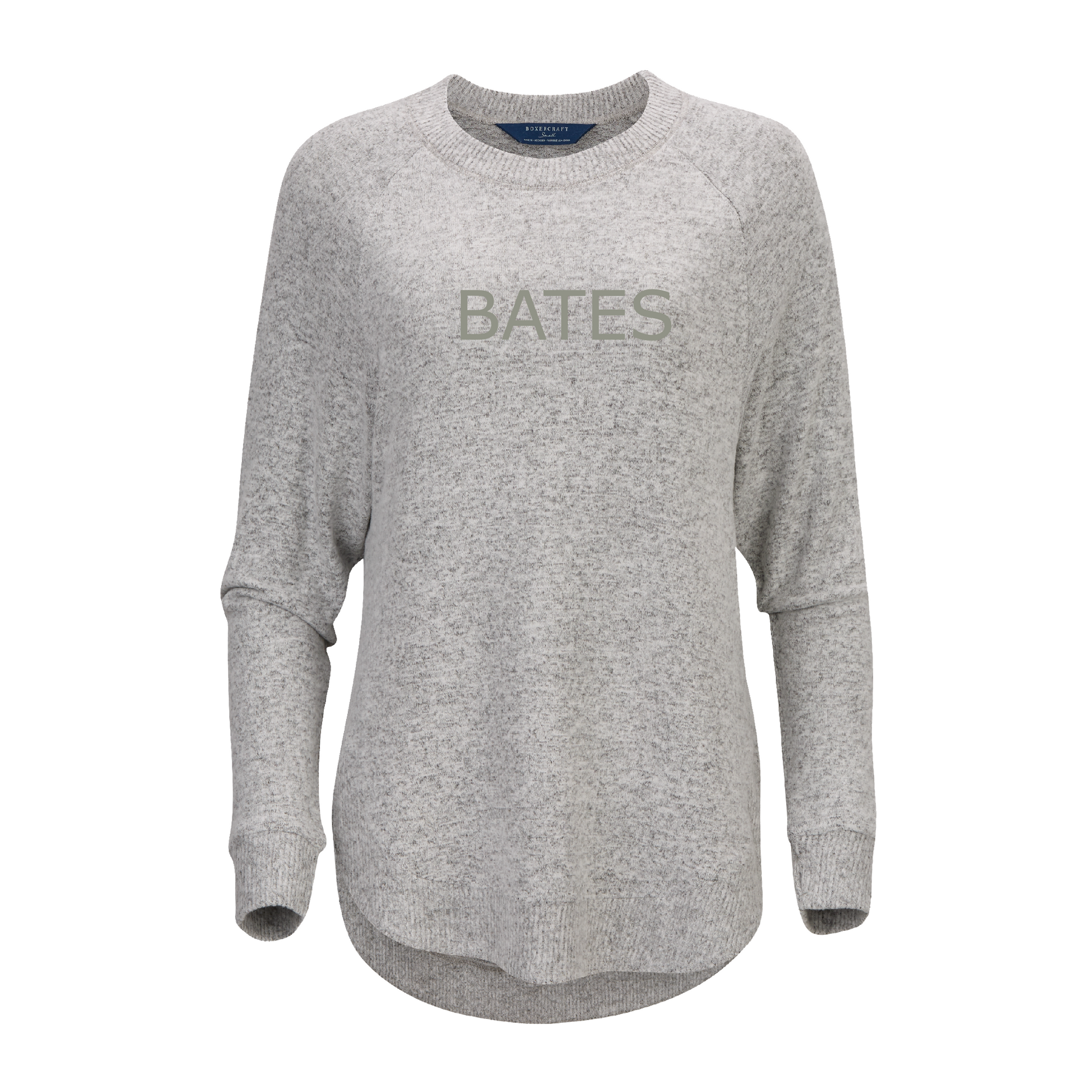 Gray sweatshirt with 'BATES' logo on a white background