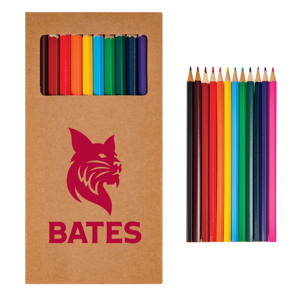 Set of colorful pencils in a cardboard box with 'BATES' branding