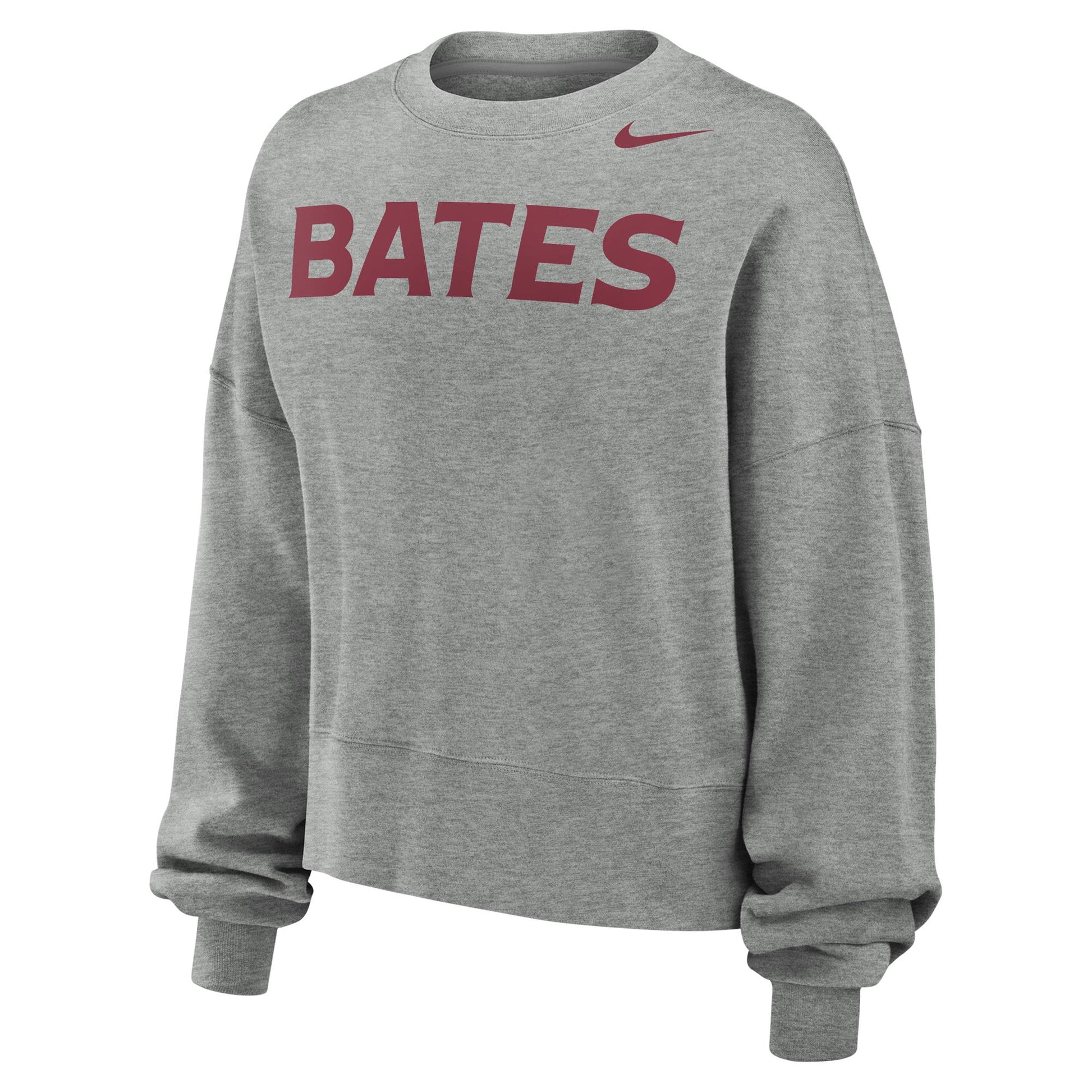 Gray sweatshirt with 'BATES' printed in red on a white background