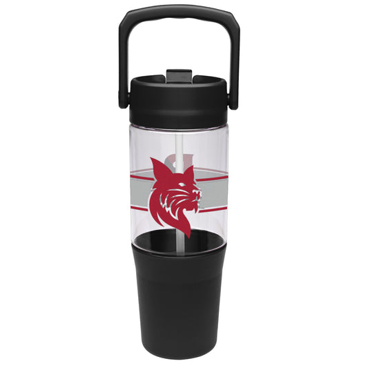 Clear tumbler with black lid and base, featuring a red and gray logo on a white background