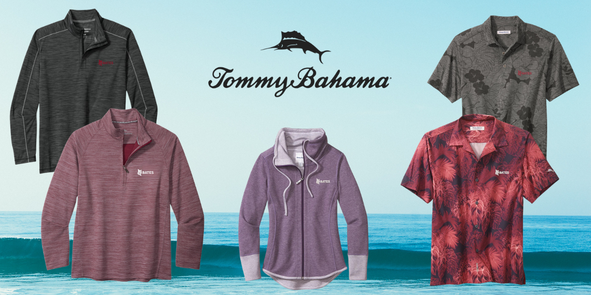 Collection of Bates branded Tommy Bahama clothing items with a logo on a blue ocean background