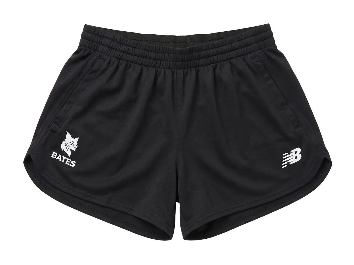 Black athletic shorts featuring a white New Balance logo on the left thigh and a white BATES bobcat logo on the right thigh, displayed flat against a light gray background.