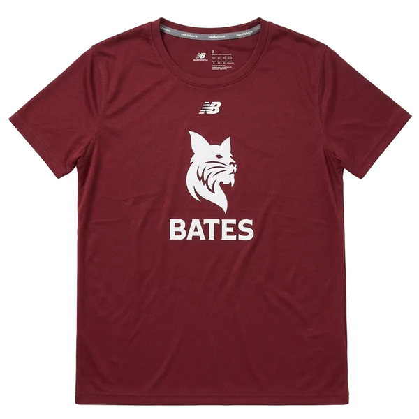A maroon short-sleeve athletic t-shirt by New Balance, featuring a white bobcat graphic and the name 'BATES' printed on the front, laid flat against a light gray background.