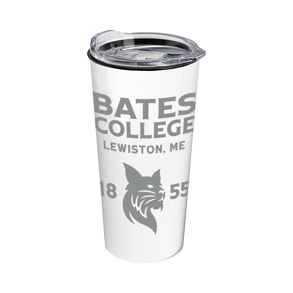 White tumbler with Bates College logo and text on a white background