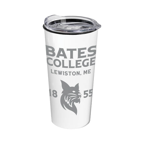 White tumbler with Bates College logo and text on a white background