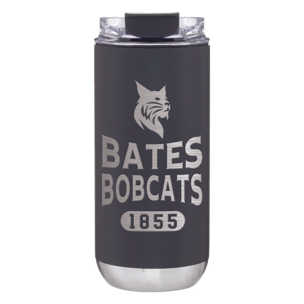 Black tumbler with 'Bates Bobcats 1855' text and logo on a white background