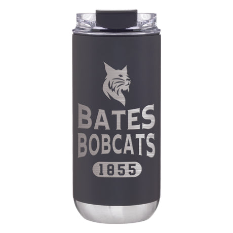Black tumbler with 'Bates Bobcats 1855' text and logo on a white background