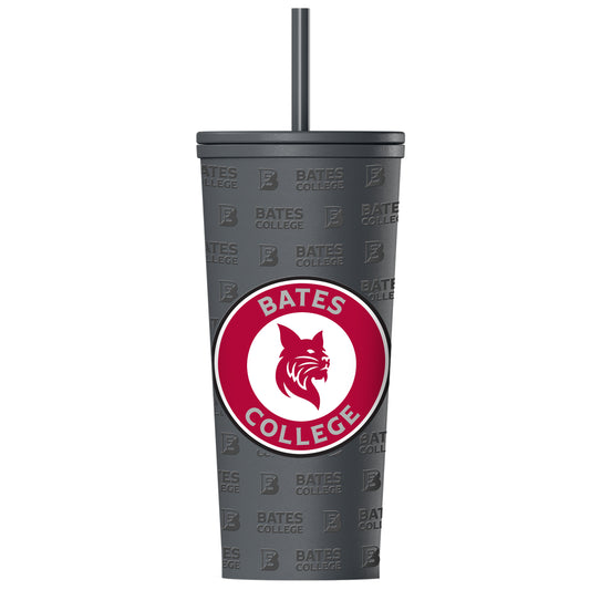 Gray tumbler with Bates College logo on a white background