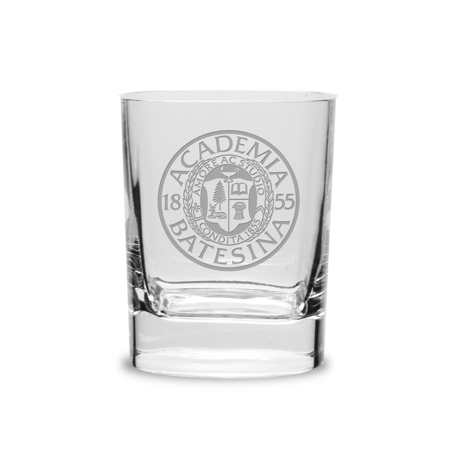 Rocks Glass Etched with Bates Academia Seal