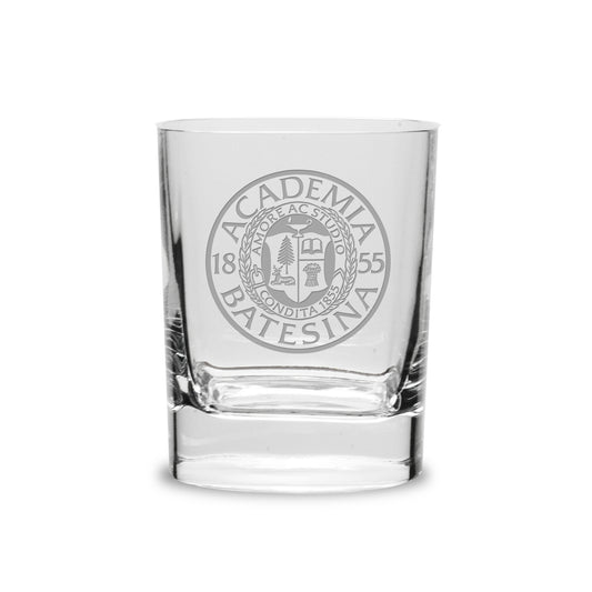 Rocks Glass Etched with Bates Academia Seal
