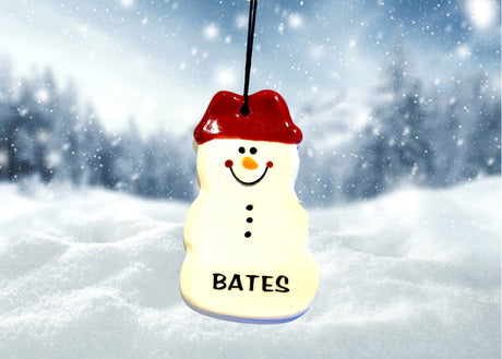 Ornament, Ceramic, Short Snowman with beanie