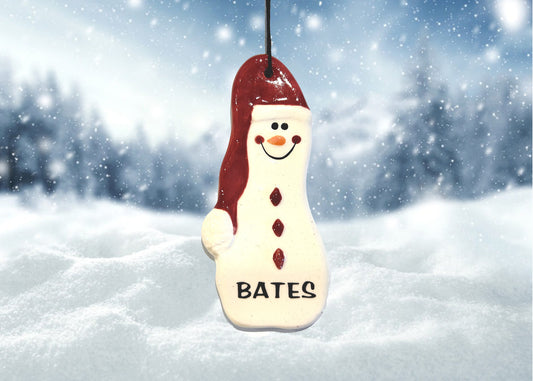 Ornament, Ceramic, Tall Snowman with long garnet hat