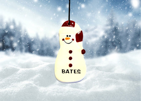 Ornament, Ceramic, Tall Snowman with striped long hat